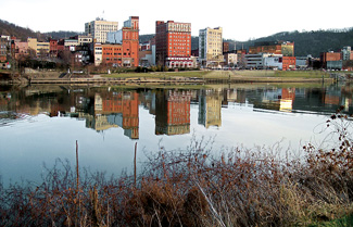 Downtown Wheeling, W.Va., and the Ohio River from Wheeling Island. Photo by Tim Kiser.