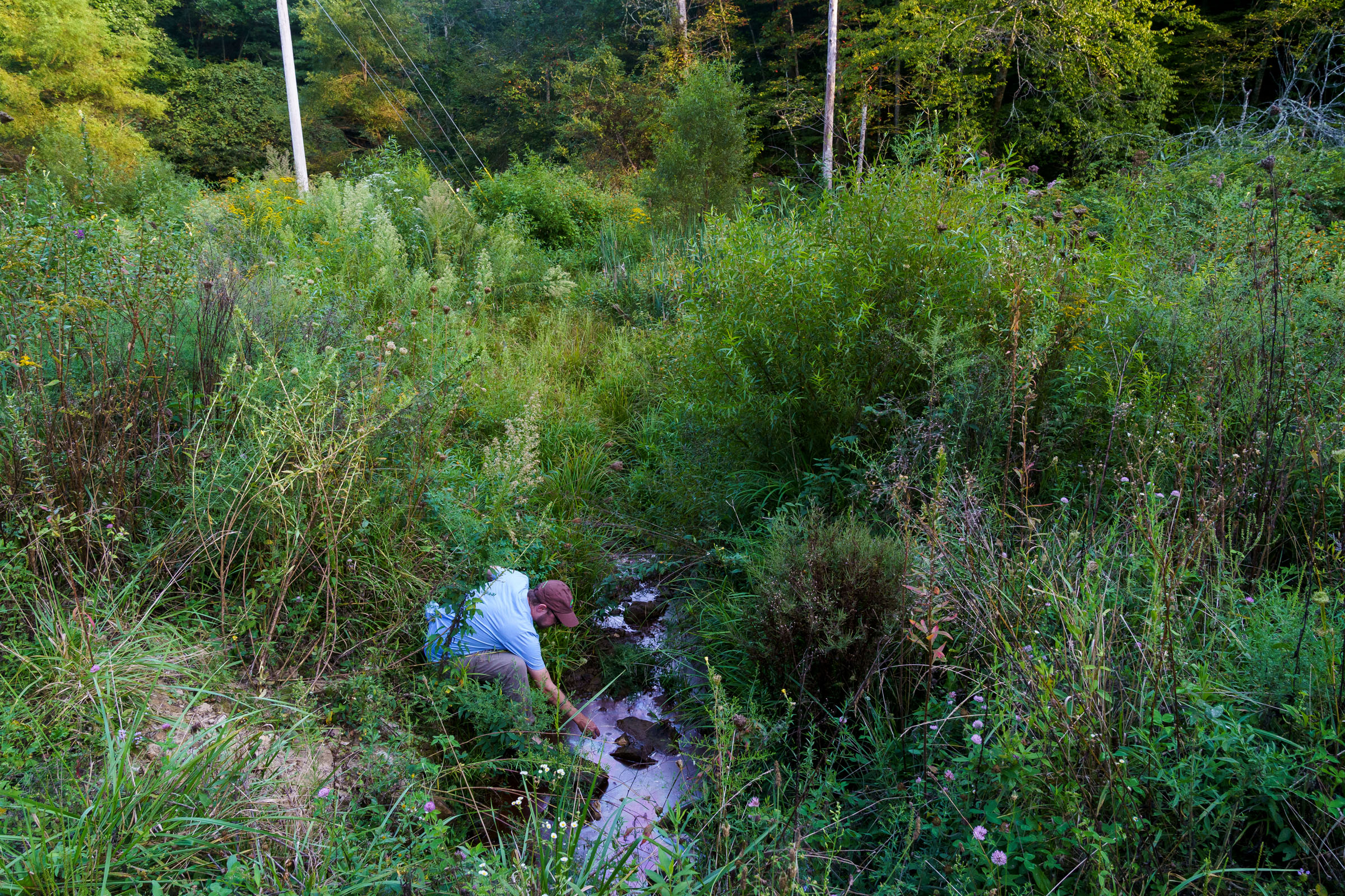 Willie Dodson of Appalachian Voices tests for heavy metals in a small stream below a coal mine in Salyerville, Kentucky on September 7, 2023. Photo by Michael Swensen For Earth Justice